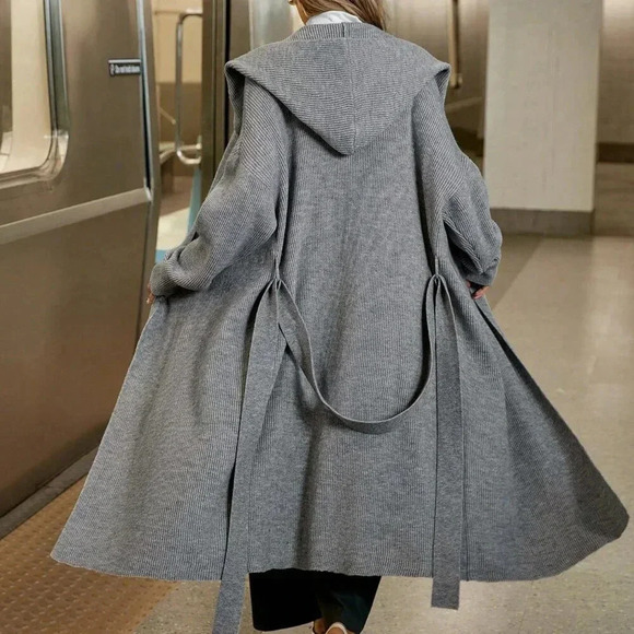 Grey Casual Women's Hooded Tie Bow Placket Belted Extra Long Cardigan Sweater - Picture 3 of 6